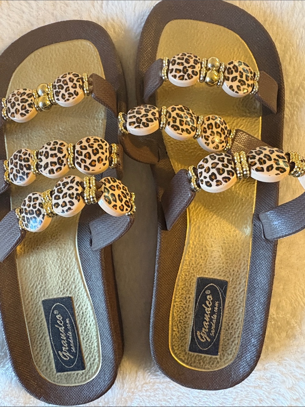 Leopard Beaded Brown Slide Sandals